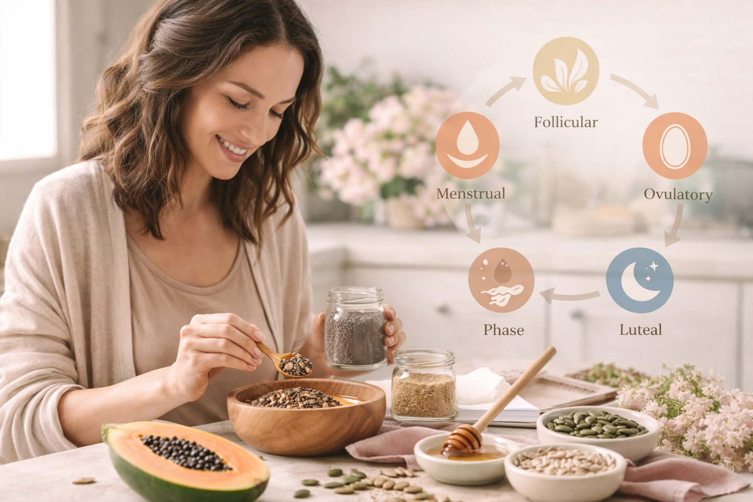 Woman preparing a healthy meal with seeds